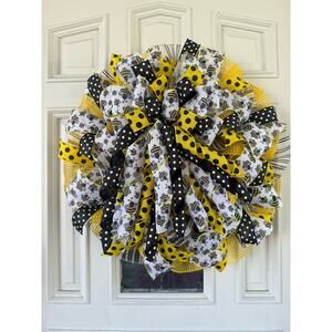 Honey Bee Ribbon & Mesh Spring Summer Wreath, Bumblebee Front Door Hanger